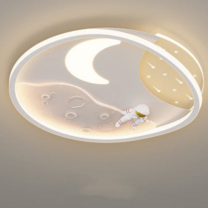 Modern Art Deco Acrylic Resin Iron Planet Astronaut Round LED Flush Mount Ceiling Light For Bedroom & Living Room