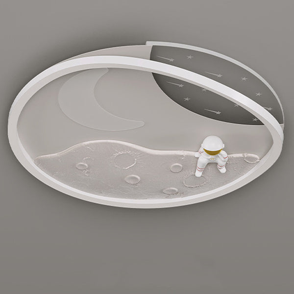 Modern Art Deco Acrylic Resin Iron Planet Astronaut Round LED Flush Mount Ceiling Light For Bedroom & Living Room