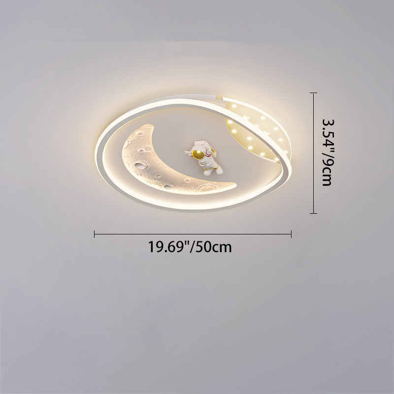 Modern Art Deco Acrylic Resin Iron Planet Astronaut Round LED Flush Mount Ceiling Light For Bedroom & Living Room