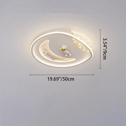 Modern Art Deco Acrylic Resin Iron Planet Astronaut Round LED Flush Mount Ceiling Light For Bedroom & Living Room