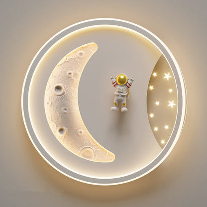 Modern Art Deco Acrylic Resin Iron Planet Astronaut Round LED Flush Mount Ceiling Light For Bedroom & Living Room