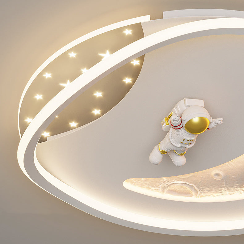 Modern Art Deco Acrylic Resin Iron Planet Astronaut Round LED Flush Mount Ceiling Light For Bedroom & Living Room
