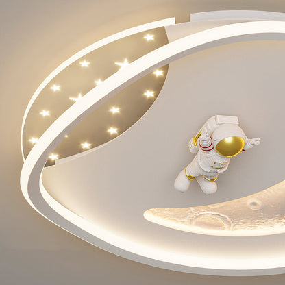 Modern Art Deco Acrylic Resin Iron Planet Astronaut Round LED Flush Mount Ceiling Light For Bedroom & Living Room