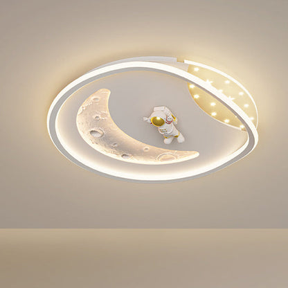 Modern Art Deco Acrylic Resin Iron Planet Astronaut Round LED Flush Mount Ceiling Light For Bedroom & Living Room