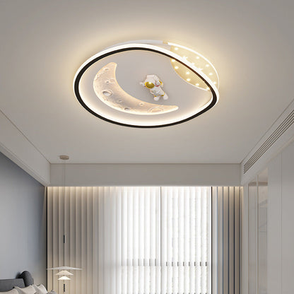 Modern Art Deco Acrylic Resin Iron Planet Astronaut Round LED Flush Mount Ceiling Light For Bedroom & Living Room