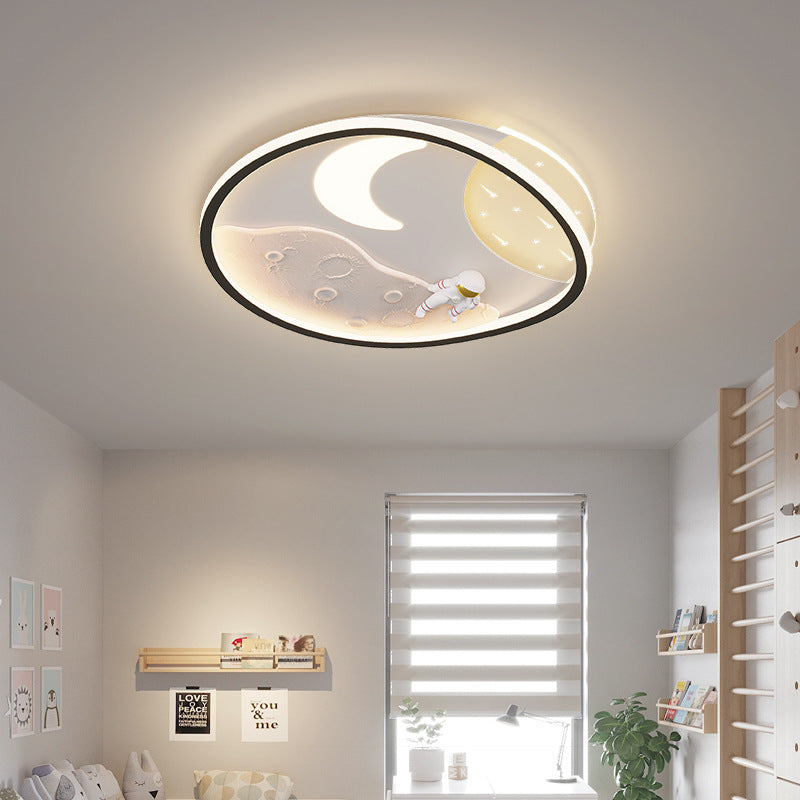 Modern Art Deco Acrylic Resin Iron Planet Astronaut Round LED Flush Mount Ceiling Light For Bedroom & Living Room