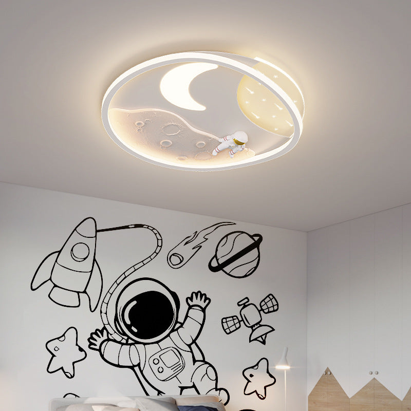Modern Art Deco Acrylic Resin Iron Planet Astronaut Round LED Flush Mount Ceiling Light For Bedroom & Living Room