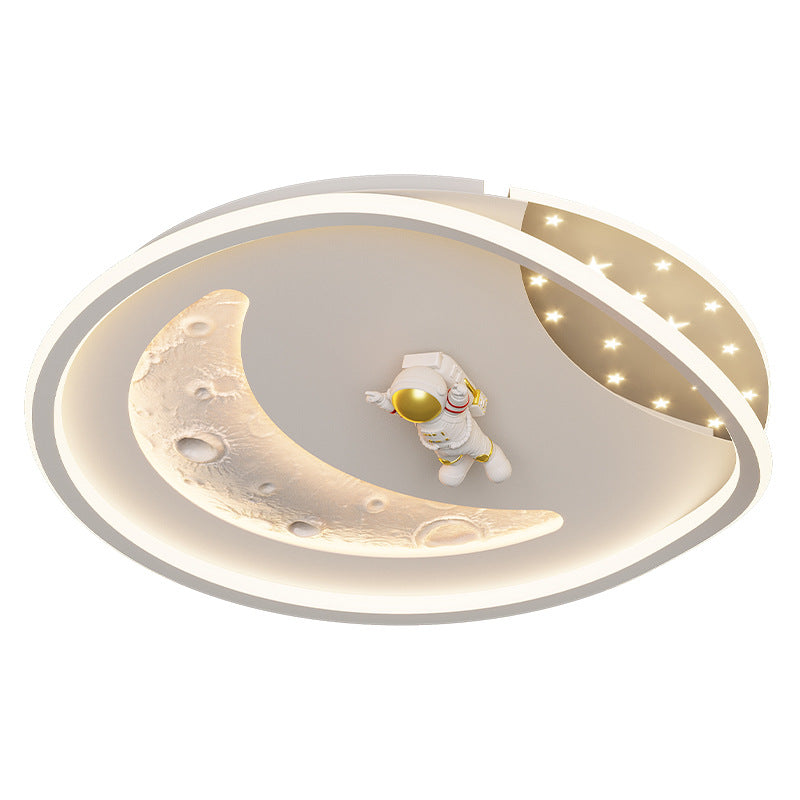 Modern Art Deco Acrylic Resin Iron Planet Astronaut Round LED Flush Mount Ceiling Light For Bedroom & Living Room