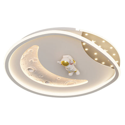 Modern Art Deco Acrylic Resin Iron Planet Astronaut Round LED Flush Mount Ceiling Light For Bedroom & Living Room