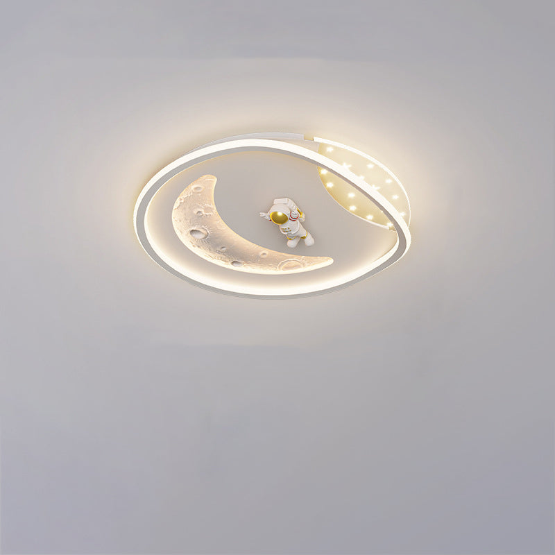 Modern Art Deco Acrylic Resin Iron Planet Astronaut Round LED Flush Mount Ceiling Light For Bedroom & Living Room