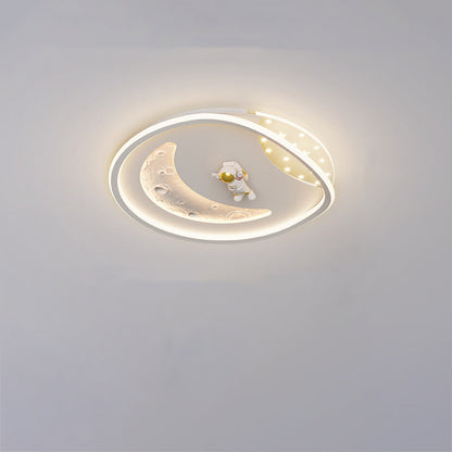 Modern Art Deco Acrylic Resin Iron Planet Astronaut Round LED Flush Mount Ceiling Light For Bedroom & Living Room