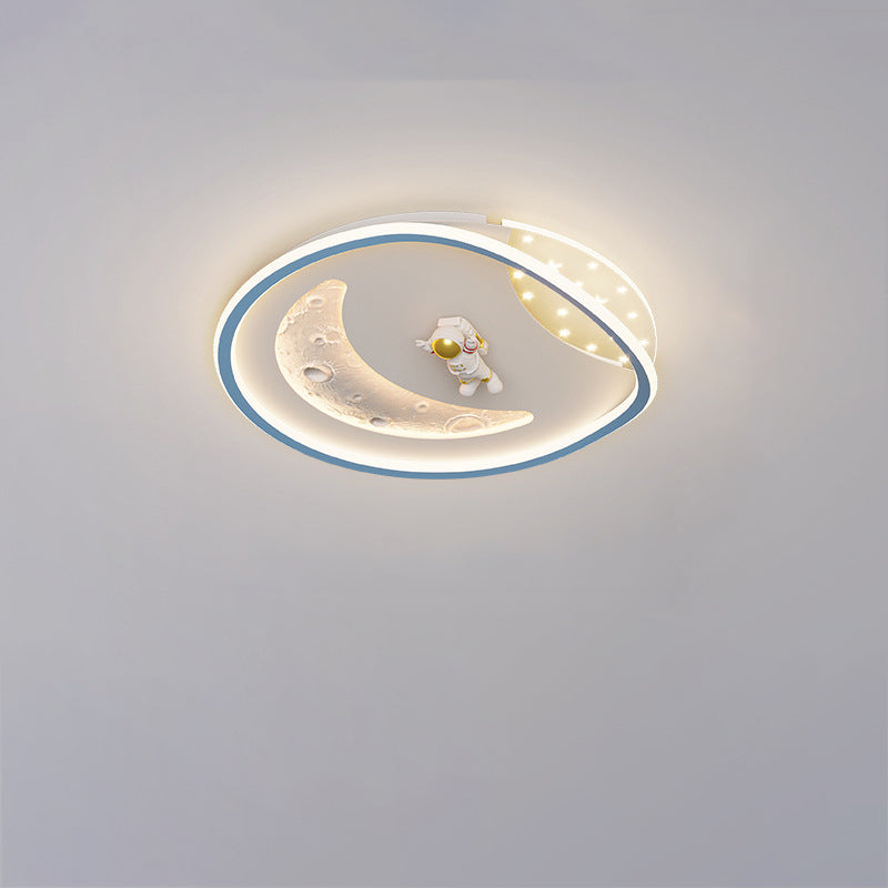 Modern Art Deco Acrylic Resin Iron Planet Astronaut Round LED Flush Mount Ceiling Light For Bedroom & Living Room
