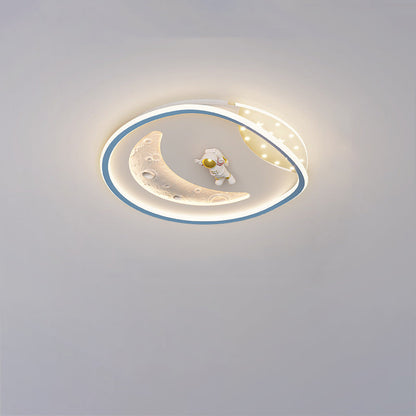 Modern Art Deco Acrylic Resin Iron Planet Astronaut Round LED Flush Mount Ceiling Light For Bedroom & Living Room
