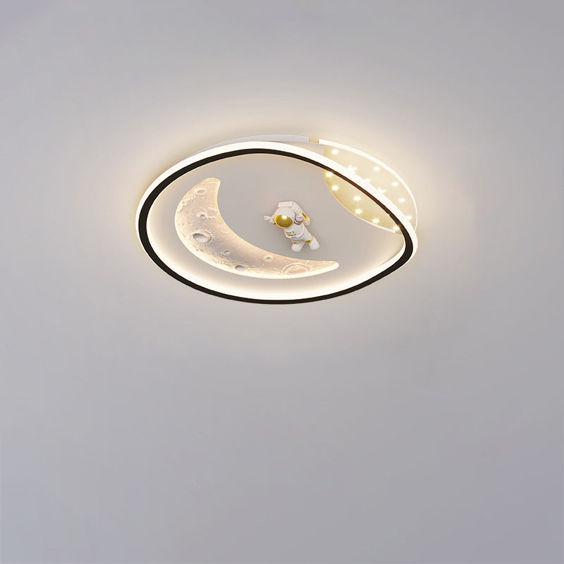 Modern Art Deco Acrylic Resin Iron Planet Astronaut Round LED Flush Mount Ceiling Light For Bedroom & Living Room