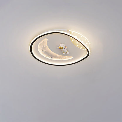 Modern Art Deco Acrylic Resin Iron Planet Astronaut Round LED Flush Mount Ceiling Light For Bedroom & Living Room