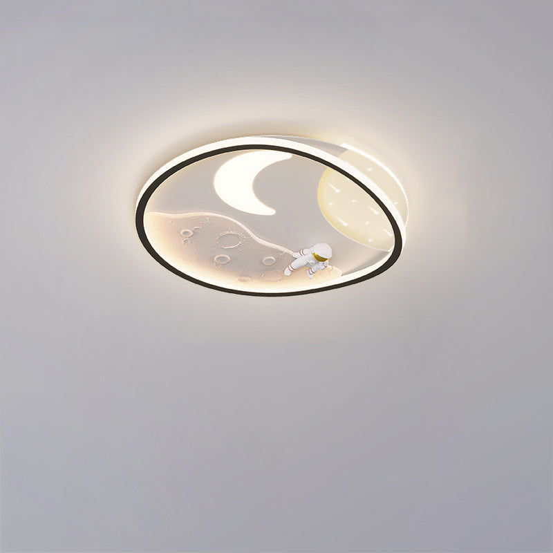 Modern Art Deco Acrylic Resin Iron Planet Astronaut Round LED Flush Mount Ceiling Light For Bedroom & Living Room