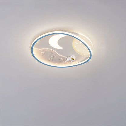 Modern Art Deco Acrylic Resin Iron Planet Astronaut Round LED Flush Mount Ceiling Light For Bedroom & Living Room