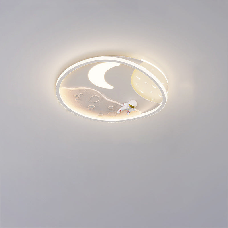 Modern Art Deco Acrylic Resin Iron Planet Astronaut Round LED Flush Mount Ceiling Light For Bedroom & Living Room