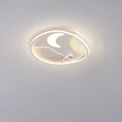 Modern Art Deco Acrylic Resin Iron Planet Astronaut Round LED Flush Mount Ceiling Light For Bedroom & Living Room