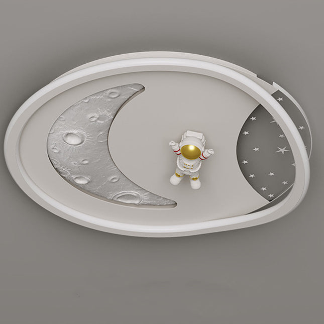 Modern Art Deco Acrylic Resin Iron Planet Astronaut Round LED Flush Mount Ceiling Light For Bedroom & Living Room