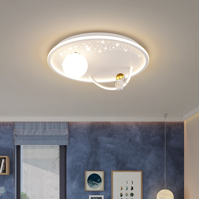 Modern Art Deco Kids Glass Acrylic Iron Astronaut Planet LED Flush Mount Ceiling Light For Bedroom & Living Room