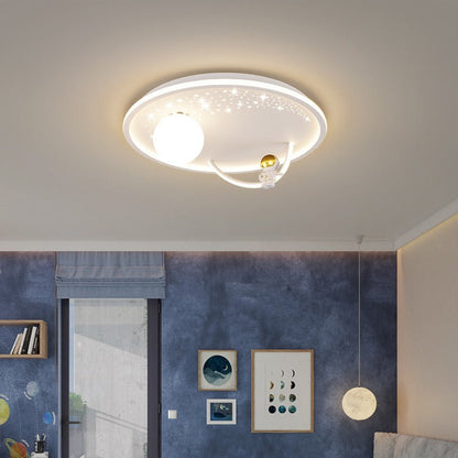 Modern Art Deco Kids Glass Acrylic Iron Astronaut Planet LED Flush Mount Ceiling Light For Bedroom & Living Room