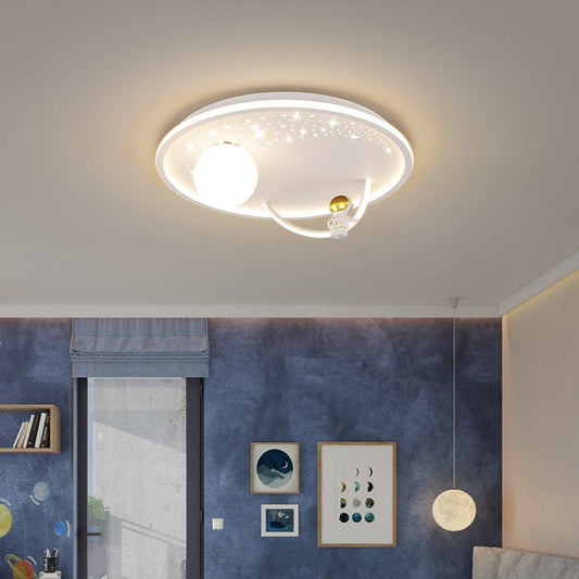 Modern Art Deco Kids Glass Acrylic Iron Astronaut Planet LED Flush Mount Ceiling Light For Bedroom & Living Room