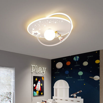 Modern Art Deco Kids Glass Acrylic Iron Astronaut Planet LED Flush Mount Ceiling Light For Bedroom & Living Room