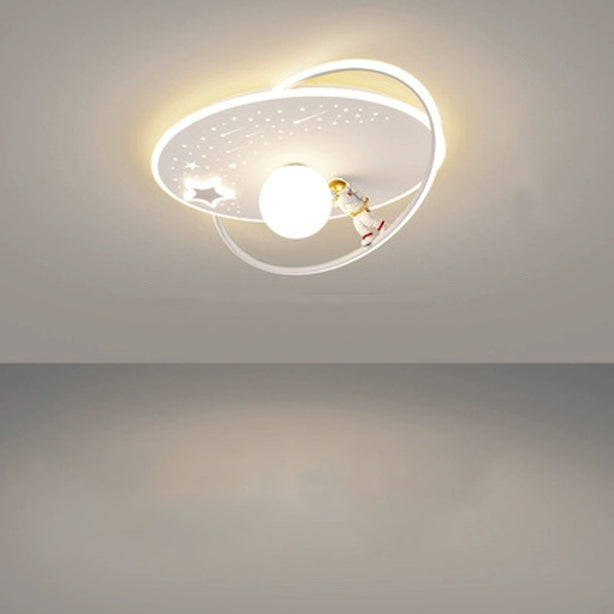 Modern Art Deco Kids Glass Acrylic Iron Astronaut Planet LED Flush Mount Ceiling Light For Bedroom & Living Room