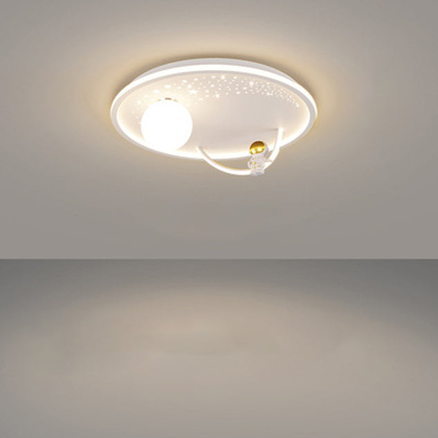 Modern Art Deco Kids Glass Acrylic Iron Astronaut Planet LED Flush Mount Ceiling Light For Bedroom & Living Room
