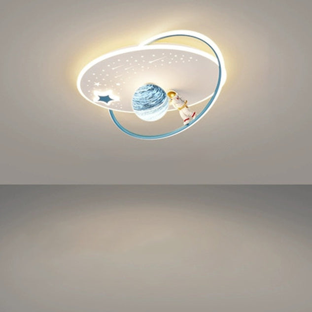 Modern Art Deco Kids Glass Acrylic Iron Astronaut Planet LED Flush Mount Ceiling Light For Bedroom & Living Room