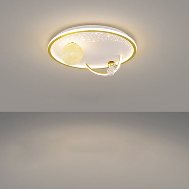Modern Art Deco Kids Glass Acrylic Iron Astronaut Planet LED Flush Mount Ceiling Light For Bedroom & Living Room