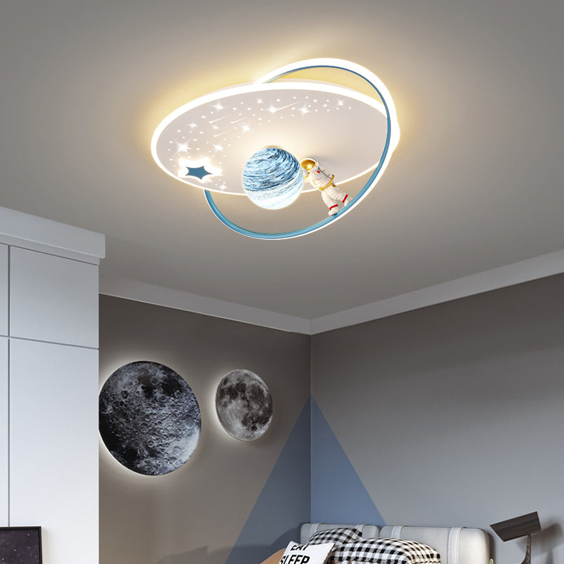 Modern Art Deco Kids Glass Acrylic Iron Astronaut Planet LED Flush Mount Ceiling Light For Bedroom & Living Room