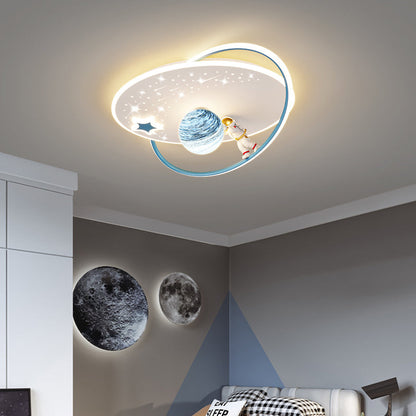 Modern Art Deco Kids Glass Acrylic Iron Astronaut Planet LED Flush Mount Ceiling Light For Bedroom & Living Room