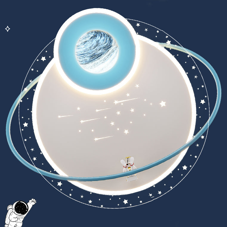Modern Art Deco Kids Glass Acrylic Iron Astronaut Planet LED Flush Mount Ceiling Light For Bedroom & Living Room