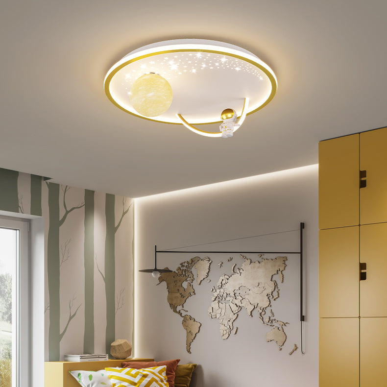 Modern Art Deco Kids Glass Acrylic Iron Astronaut Planet LED Flush Mount Ceiling Light For Bedroom & Living Room