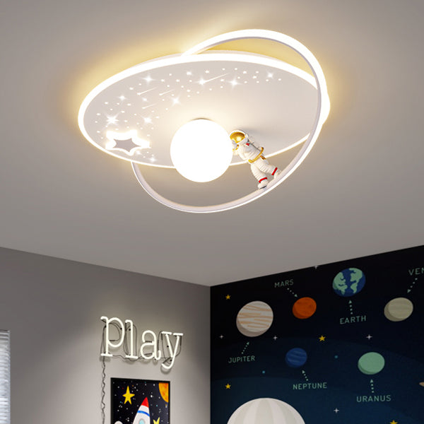 Modern Art Deco Kids Glass Acrylic Iron Astronaut Planet LED Flush Mount Ceiling Light For Bedroom & Living Room