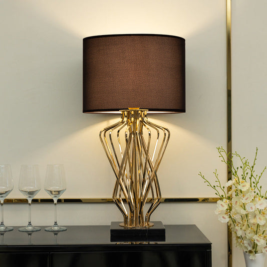 Contemporary Creative Fabric Metal Marble Curved Round 1-Light Table Lamp For Bedroom