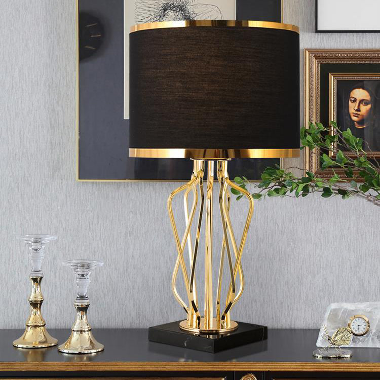 Contemporary Creative Fabric Metal Marble Curved Round 1-Light Table Lamp For Bedroom