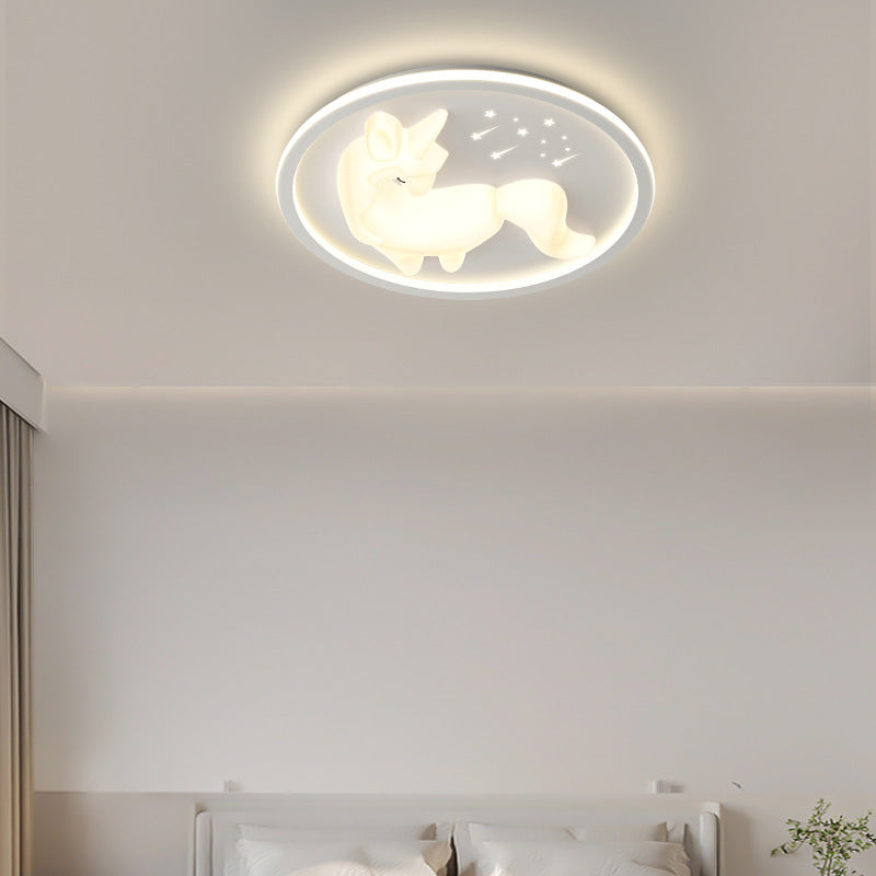 Modern Art Deco Iron PE Unicorn Shape Round LED Flush Mount Ceiling Light For Bedroom & Living Room