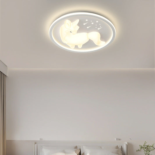 Modern Art Deco Iron PE Unicorn Shape Round LED Flush Mount Ceiling Light For Bedroom & Living Room