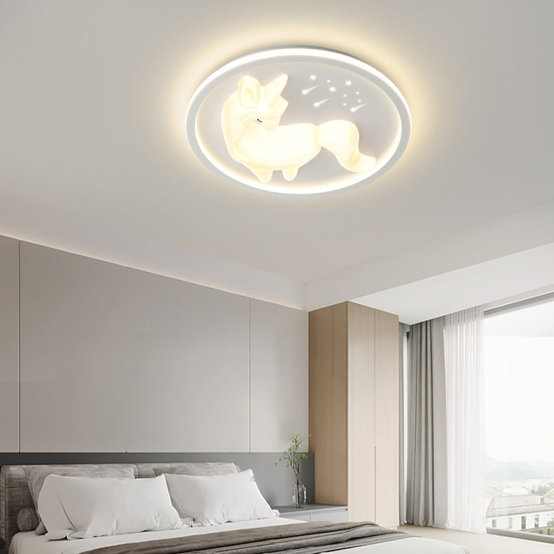 Modern Art Deco Iron PE Unicorn Shape Round LED Flush Mount Ceiling Light For Bedroom & Living Room
