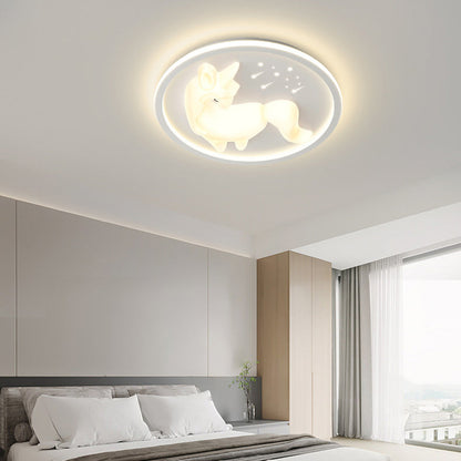Modern Art Deco Iron PE Unicorn Shape Round LED Flush Mount Ceiling Light For Bedroom & Living Room
