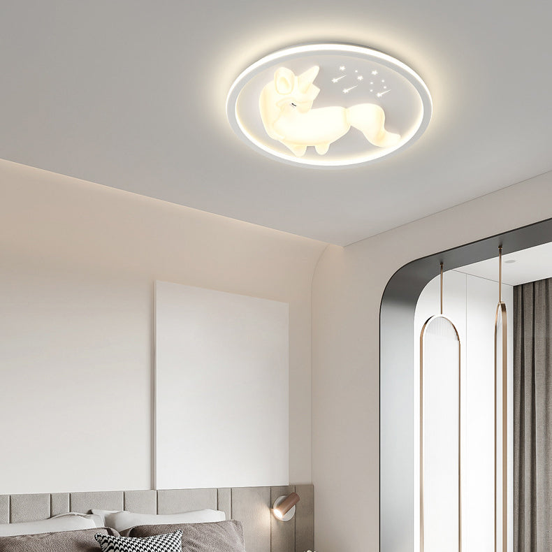 Modern Art Deco Iron PE Unicorn Shape Round LED Flush Mount Ceiling Light For Bedroom & Living Room