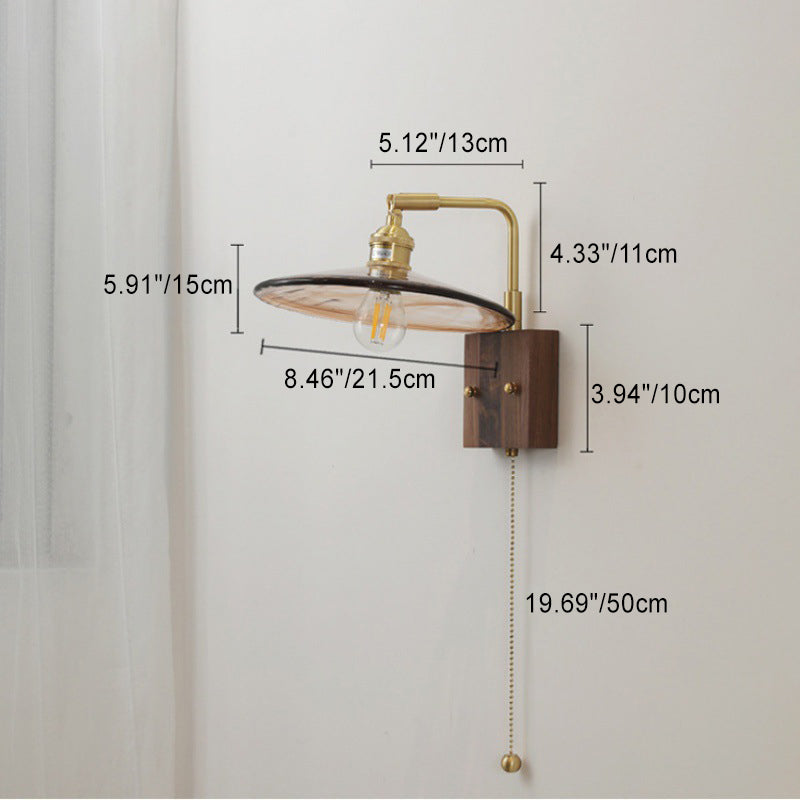 Traditional Vintage Glass Copper Wood Round Square 1-Light Wall Sconce Lamp For Bedroom & Living Room