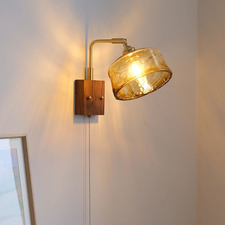 Traditional Vintage Glass Copper Wood Round Square 1-Light Wall Sconce Lamp For Bedroom & Living Room