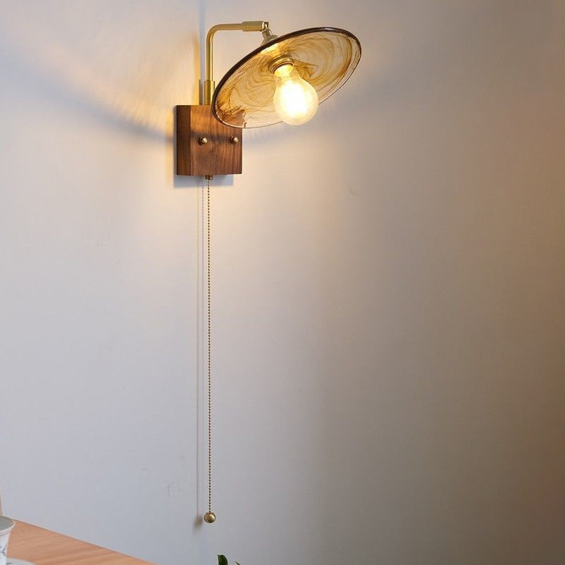 Traditional Vintage Glass Copper Wood Round Square 1-Light Wall Sconce Lamp For Bedroom & Living Room