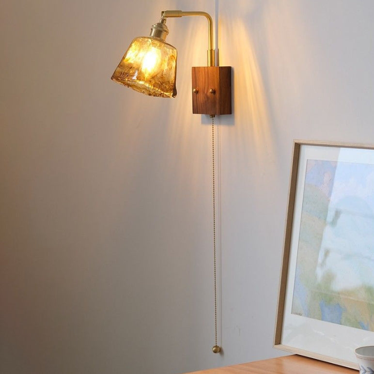 Traditional Vintage Glass Copper Wood Round Square 1-Light Wall Sconce Lamp For Bedroom & Living Room