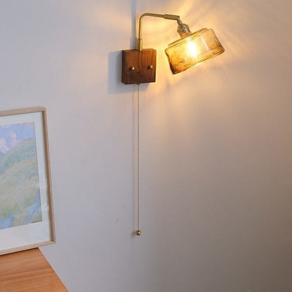 Traditional Vintage Glass Copper Wood Round Square 1-Light Wall Sconce Lamp For Bedroom & Living Room