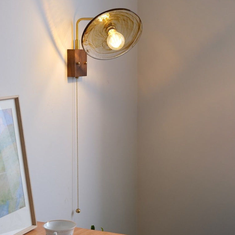 Traditional Vintage Glass Copper Wood Round Square 1-Light Wall Sconce Lamp For Bedroom & Living Room